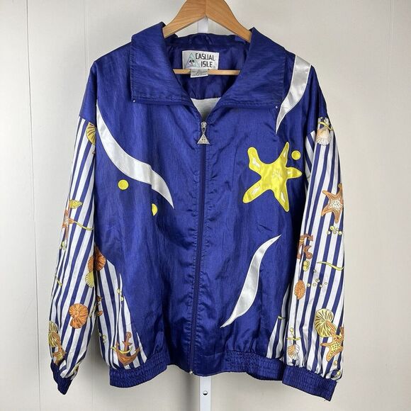 Vintage Casual Isle Windbreaker Jacket Blue Ocean Theme Applique‎ Womens Large - Picture 1 of 8